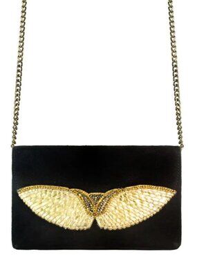 Nahua Aku Hand Embroidered Leather Clutch with Gold Chain
